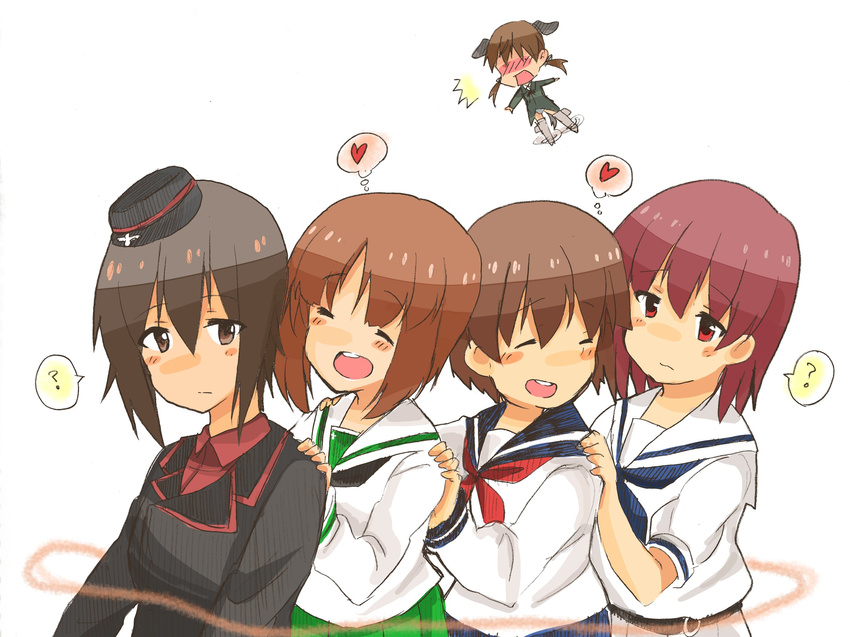 5girls :d ? ^_^ animal_ears blush brown_eyes brown_hair closed_eyes commentary crossover dog_ears garrison_cap gertrud_barkhorn girl_sandwich girls_und_panzer hands_on_another's_shoulders hat heart highres jealous kiyosumi_school_uniform kuromorimine_military_uniform look-alike military military_hat military_uniform miyanaga_saki miyanaga_teru multiple_crossover multiple_girls neckerchief nishizumi_maho nishizumi_miho ooarai_school_uniform open_mouth orange_hair outstretched_arms propeller red_hair saki sandwiched school_uniform serafuku shiraitodai_school_uniform short_hair siblings siscon sisters smile spread_arms strike_witches striker_unit thought_bubble trait_connection uniform wataru_(chirimenjako) world_witches_series yuri