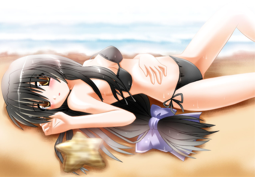 artist_request beach bikini black_hair blush clannad day ibuki_fuuko long_hair low-tied_long_hair side-tie_bikini solo starfish swimsuit yellow_eyes