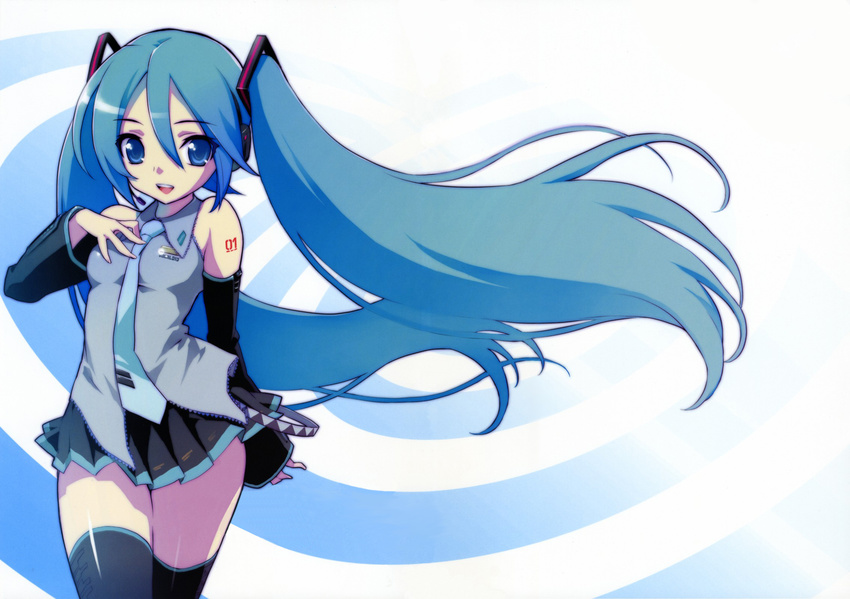 blue_hair hand_on_own_chest hatsune_miku highres long_hair menkuria solo thighhighs twintails very_long_hair vocaloid wind zettai_ryouiki