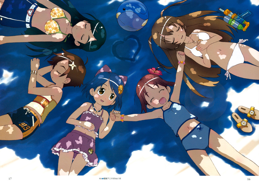 :d \o/ ^_^ ahoge amamiya_manami aqua_hair arms_up artist_request ball bangs beach beachball belt bikini bikini_skirt bikini_top blue_hair blush bow bracelet brown_hair camisole child closed_eyes dappled_sunlight etou_mei flat_chest flower frilled_bikini frills gakuen_utopia_manabi_straight! gun hair_bow hair_flower hair_ornament hair_spread_out hand_on_own_stomach hands_on_own_chest happy heart hibiscus highres holding_hands inamori_mika jewelry long_hair lying midriff miniskirt multiple_girls navel necklace odori_momoha official_art on_back on_side open_mouth orange_eyes outdoors outstretched_arms parted_bangs red_hair sandals sandals_removed scan shade shirt short_shorts shorts side-tie_bikini side_ponytail skirt sleeping smile spread_arms star sunlight swimsuit tankini thigh_gap twintails uehara_mutsuki water_gun weapon white_bikini