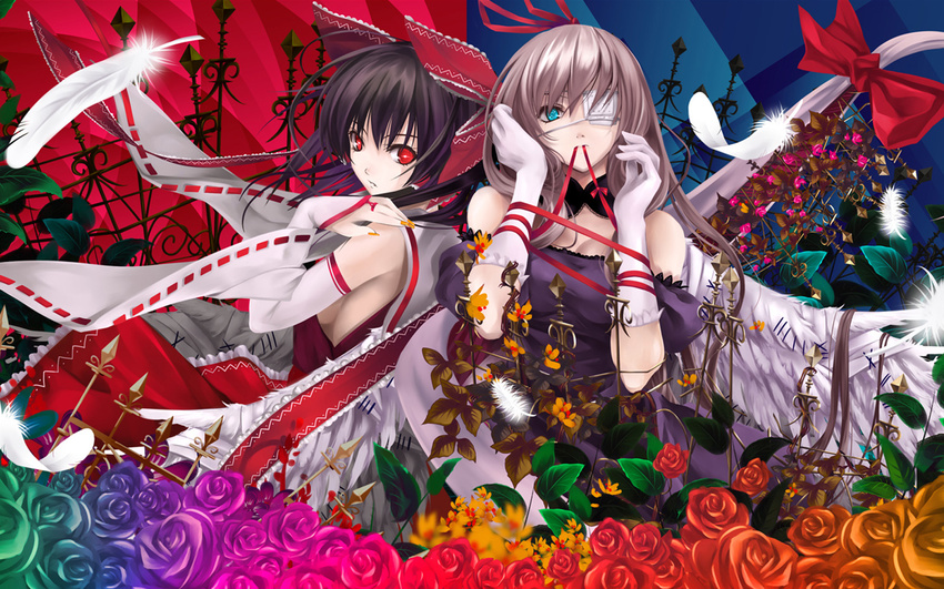 bare_shoulders black_hair blue_eyes bow breasts bridal_gauntlets cradle_(artist) eyepatch feathers flower gloves hair_bow hair_ribbon hakurei_reimu highres long_hair medium_breasts misaki_kurehito mouth_hold multiple_girls red_eyes ribbon rose sideboob touhou wallpaper yakumo_yukari