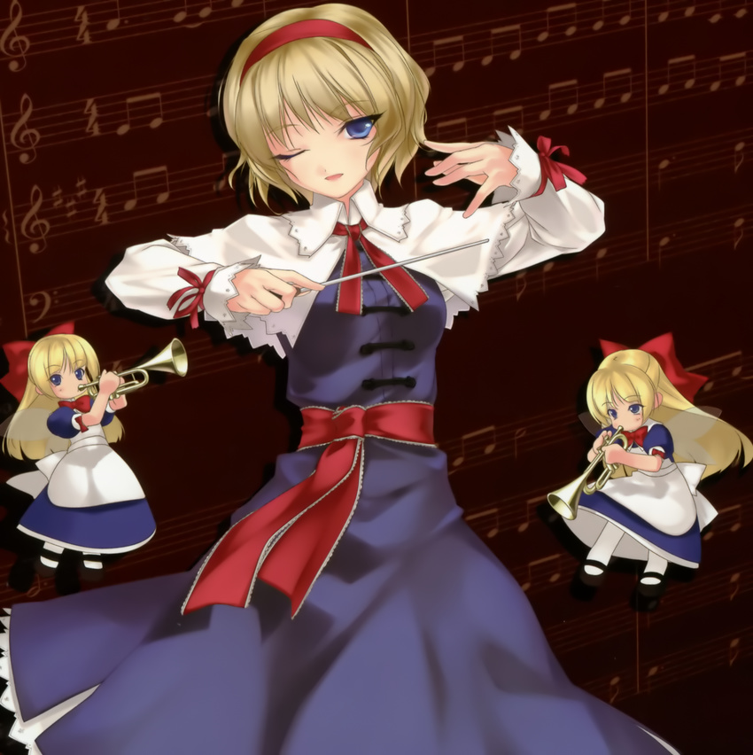 alice_margatroid band baton_(instrument) blonde_hair blue_eyes conductor doll hairband highres instrument rokuwata_tomoe shanghai_doll short_hair solo touhou trumpet wings