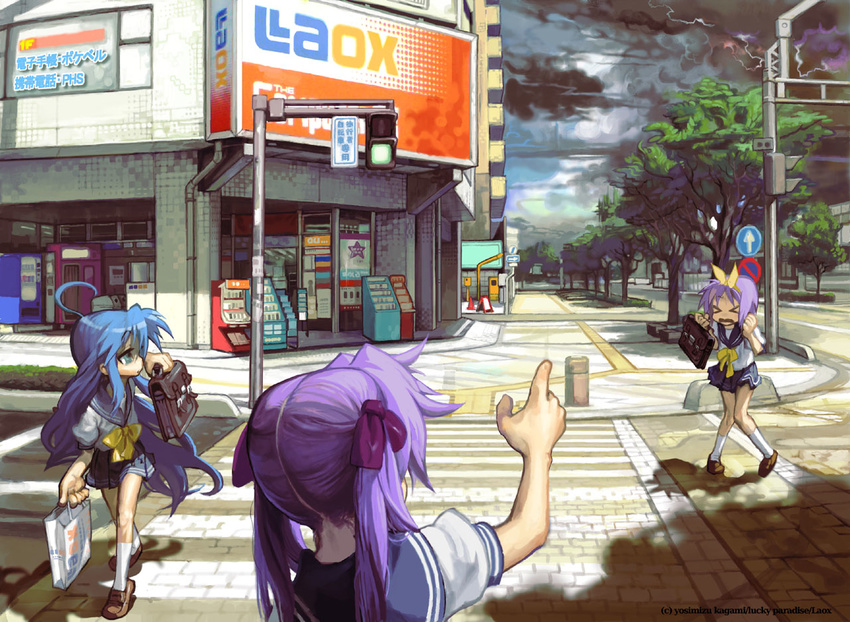 ahoge black_skirt blue_hair city crosswalk day full_body hiiragi_kagami hiiragi_tsukasa izumi_konata kawaguchi_youhei long_hair looking_to_the_side lucky_star miniskirt multiple_girls outdoors pavement pink_hair pleated_skirt road ryouou_school_uniform school_uniform serafuku skirt street tactile_paving very_long_hair walking waving