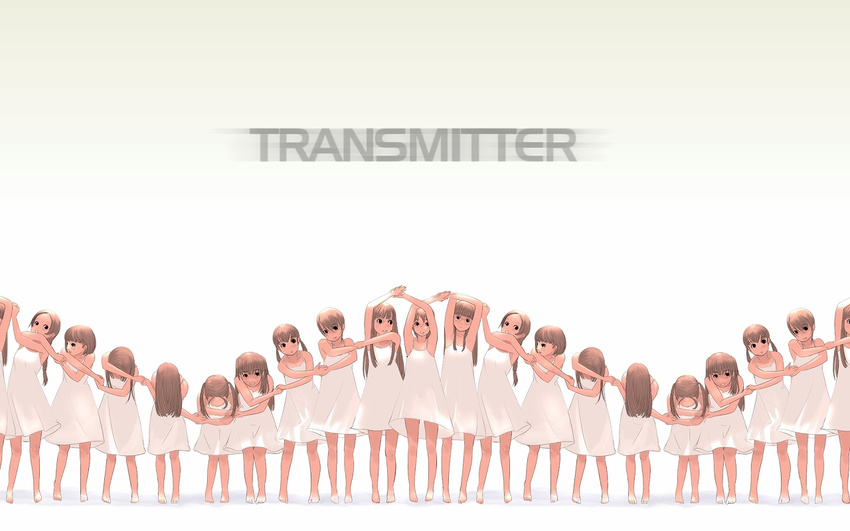 armpits arms_up bangs barefoot bent_over black_eyes blunt_bangs blush braid brown_hair copyright_request dress everyone feet glasses holding_hands kiriman_(souldeep) leaning_forward long_hair looking_at_another multiple_girls no_shoes shiny short_hair single_braid sundress twintails very_long_hair wallpaper white_dress