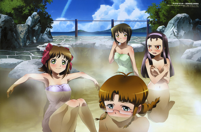 absurdres akizuki_ritsuko amami_haruka blue_eyes blush body_blush brown_eyes brown_hair cloud convenient_leg covering covering_breasts crossed_arms day embarrassed glasses green_eyes green_towel hagiwara_yukiho hair_censor hair_ribbon hairband highres idolmaster idolmaster_xenoglossia long_hair looking_at_viewer minase_iori multiple_girls naked_towel nude official_art onsen parted_lips pink_towel purple_hair purple_hairband red_ribbon ribbon short_hair sky smile steam towel wavy_mouth yamamoto_hiro yellow_eyes