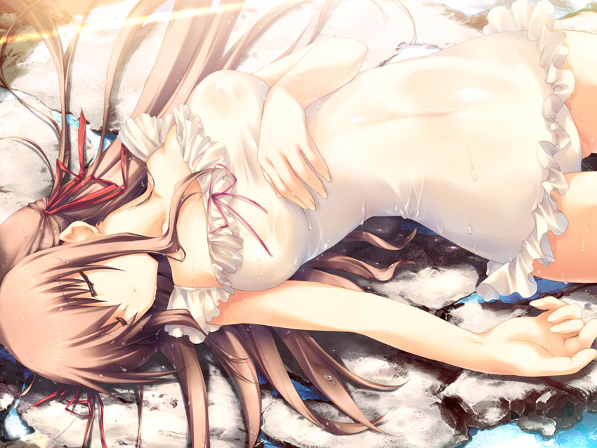brown_hair casual_one-piece_swimsuit closed_eyes frills game_cg hands highres kiss_to_lord_to_darjeeling lens_flare long_hair lying nanase_yuuna on_back one-piece_swimsuit ribbon see-through sleeping solo swimsuit takanae_kyourin wet
