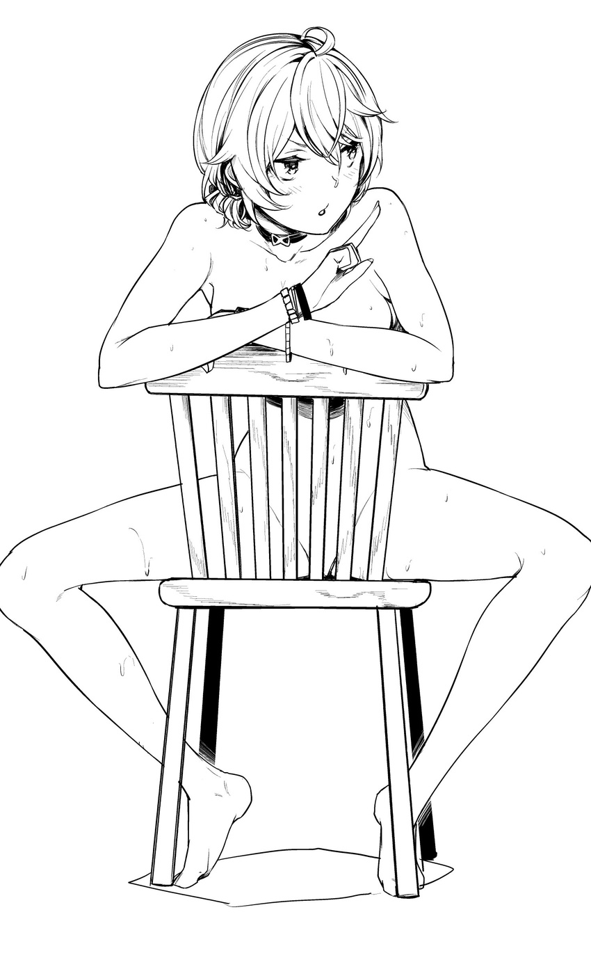 absurdres akagi_asahito bracelet chair choker convenient_censoring greyscale highres jewelry monochrome nude sitting solo sweat