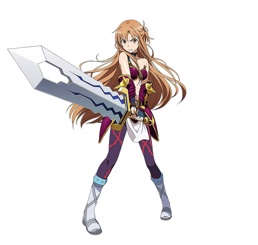 1girl armor asuna_(sao) bikini_armor black_rose_(.hack//) breasts brown_eyes brown_hair cleavage collarbone cosplay creator_connection full_body highres holding holding_sword holding_weapon kajiura_yuki long_hair navel official_art purple_legwear simple_background small_breasts solo sword sword_art_online sword_art_online:_code_register weapon white_background