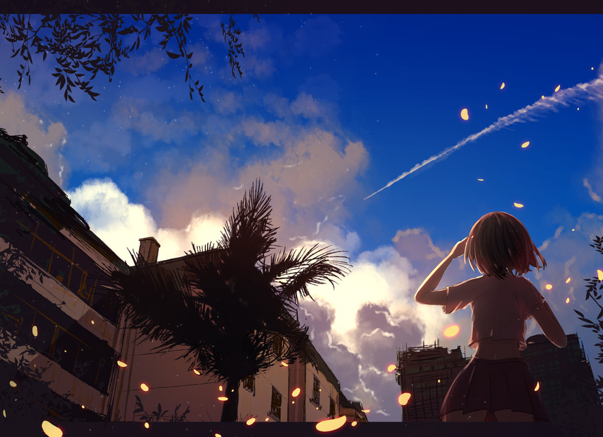 arm_up blouse blue_skirt byakuya_reki cloud condensation_trail evening from_behind highres letterboxed md5_mismatch original outdoors petals pleated_skirt scenery school_uniform short_hair short_sleeves skirt sky smoke_trail solo tree white_blouse