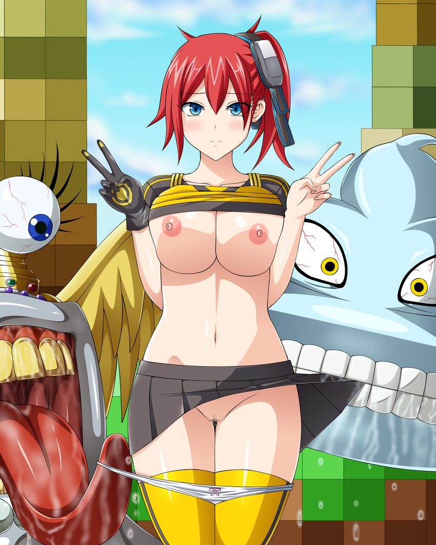 aiba_ami blue_eyes blush breasts digimon digimon_story:_cyber_sleuth nipples thighhighs v