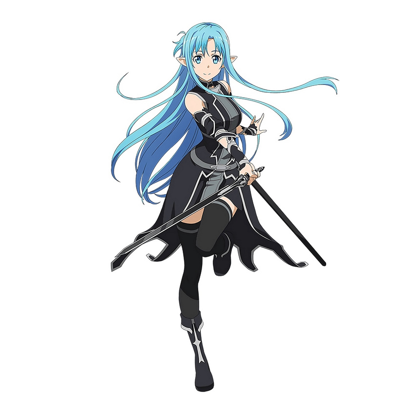 asuna_(sao) asuna_(sao-alo) black_legwear blue_eyes blue_hair detached_sleeves full_body highres holding holding_sword holding_weapon long_hair looking_at_viewer official_art pointy_ears simple_background smile solo sword sword_art_online sword_art_online:_code_register thighhighs weapon white_background