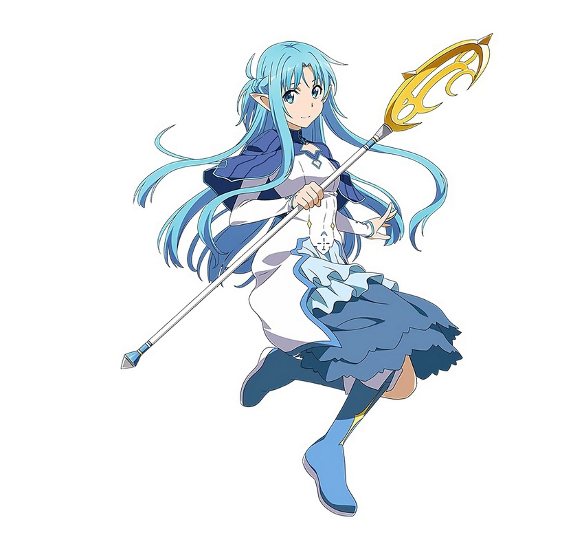 alternate_costume asuna_(sao) asuna_(sao-alo) blue_eyes blue_footwear blue_hair boots full_body highres holding knee_boots long_hair official_art pointy_ears simple_background smile solo staff sword_art_online sword_art_online:_code_register white_background