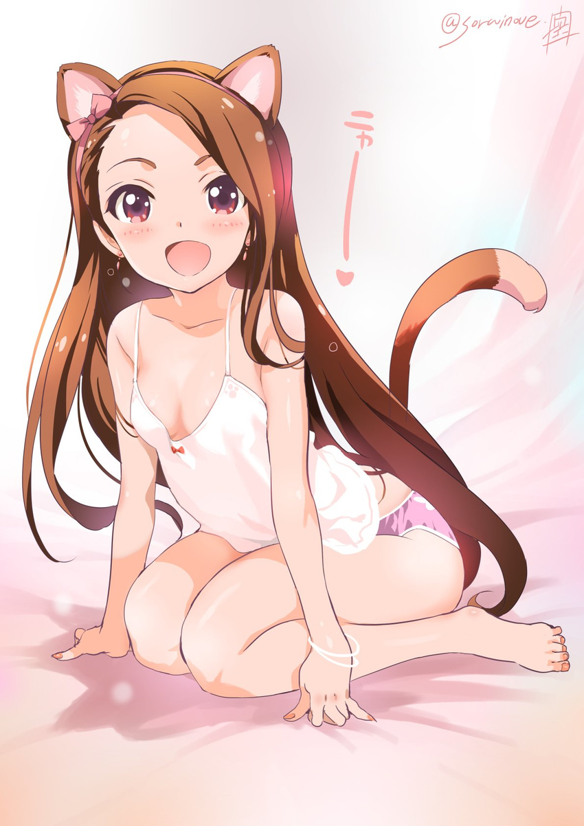 animal_ears arm_support bangs bare_legs bare_shoulders barefoot bow bracelet breasts brown_eyes brown_hair camisole cat_ears cat_tail cleavage earrings hair_bow hairband highres idolmaster idolmaster_(classic) inoue_sora jewelry leaning_forward long_hair looking_at_viewer minase_iori open_mouth panties pink_eyes pink_panties print_panties sitting small_breasts solo swept_bangs tail twitter_username underwear underwear_only wariza