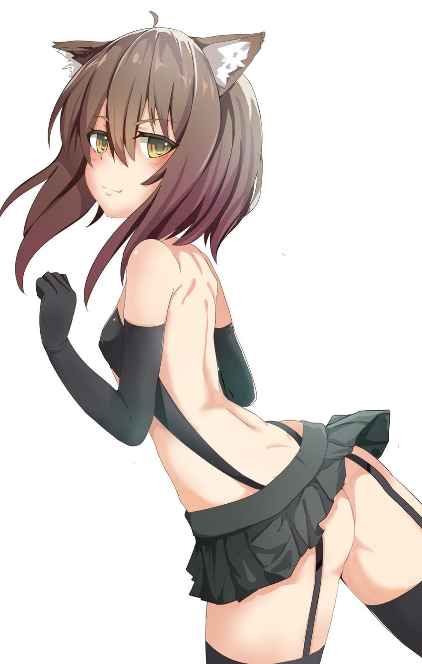 absurdres ahoge animal_ears arched_back ass back bare_back black_gloves black_legwear black_skirt blush breasts brown_eyes brown_hair cat_ears elbow_gloves eyebrows eyebrows_visible_through_hair gloves hair_between_eyes highres kantai_collection kemonomimi_mode looking_at_viewer looking_back miniskirt pleated_skirt shinta_(the-mattyaman) skirt small_breasts smile solo taihou_(kantai_collection) thighhighs