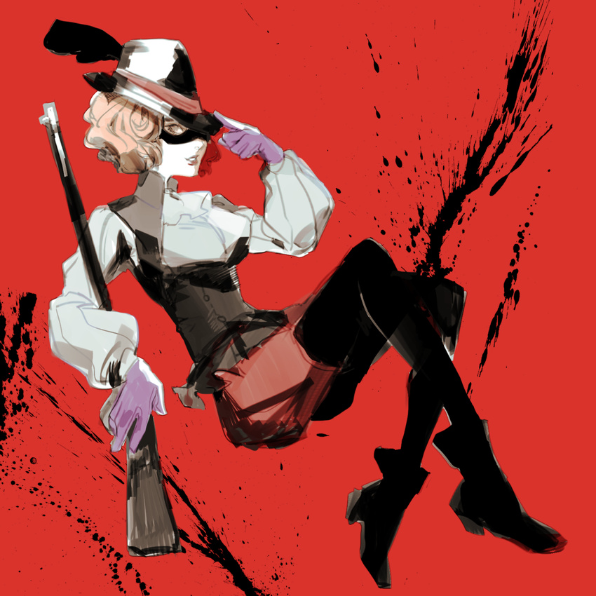 domino_mask feathered_hat gun looking_at_viewer mask okumura_haru parted_lips persona persona_5 red_background short_hair solo tenfiends weapon