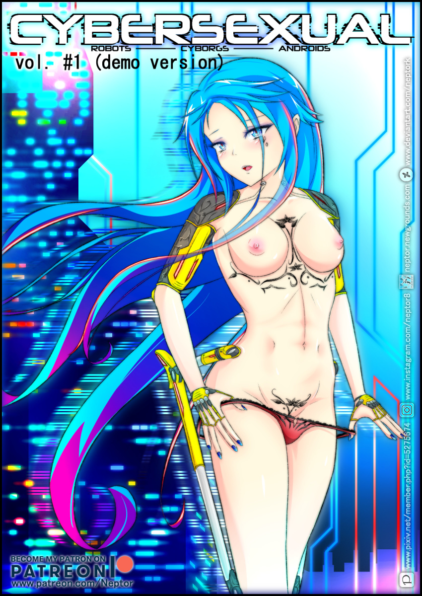 1girl :p areolae blue_background blue_eyes blue_hair blue_nails blush breasts cyborg exoskeleton eyebrows_visible_through_hair eyeshadow fingernails highres long_hair looking_at_viewer makeup mechanical_arm mechanical_hands mechanical_legs mechanical_parts medium_breasts nail_polish neptor_kriegor nipples open_mouth original panties patreon patreon_username pubic_tattoo red_panties red_pupils self_upload shiny shiny_skin solo_focus stomach_muscles tagme tattoo teeth thighs tongue tongue_out tribal_tattoo underwear very_long_hair watermark