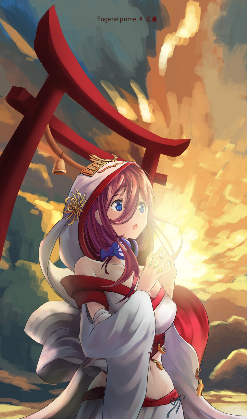1girl absurdres bare_shoulders bell blue_eyes breasts brown_hair cloud collarbone detached_sleeves dress eugene_prime fingers_together go-toubun_no_hanayome hair_between_eyes headphones headphones_around_neck highres japanese_clothes large_breasts long_hair miko nakano_miku navel open_mouth shrine sky solo stomach sun tassel torii white_dress white_hood