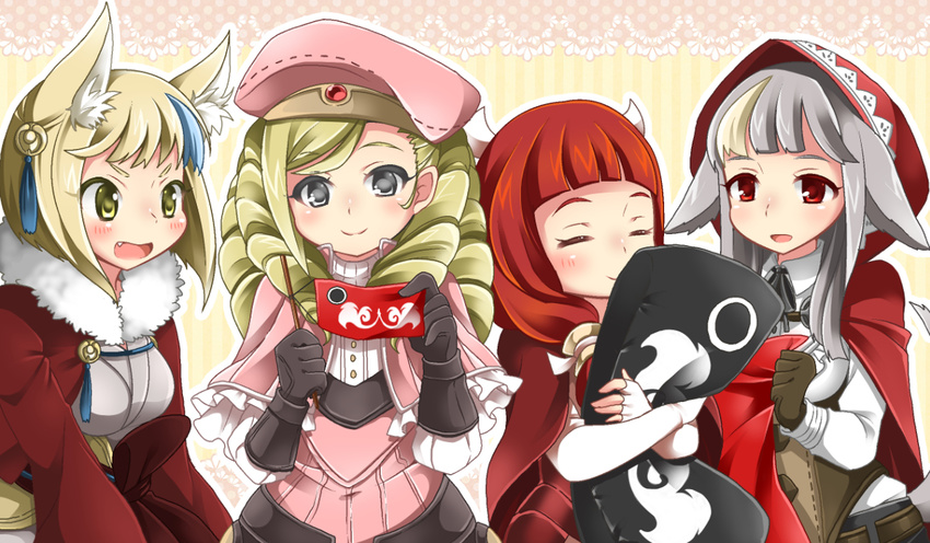 3girls animal_ears bangs beret blonde_hair blue_hair blush closed_eyes commentary_request drill_hair fingerless_gloves fire_emblem fire_emblem_if foleo_(fire_emblem_if) fox_ears fur_trim gloves grey_hair hat hood hoodie kinu_(fire_emblem_if) long_hair mitama_(fire_emblem_if) momosemocha multicolored_hair multiple_girls open_mouth otoko_no_ko red_eyes red_hair tail twintails two-tone_hair velour_(fire_emblem_if) wolf_ears wolf_tail yellow_eyes