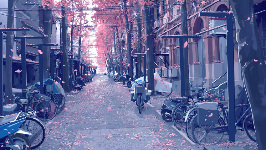 artist_request bike no_humans petals scenery spring tree