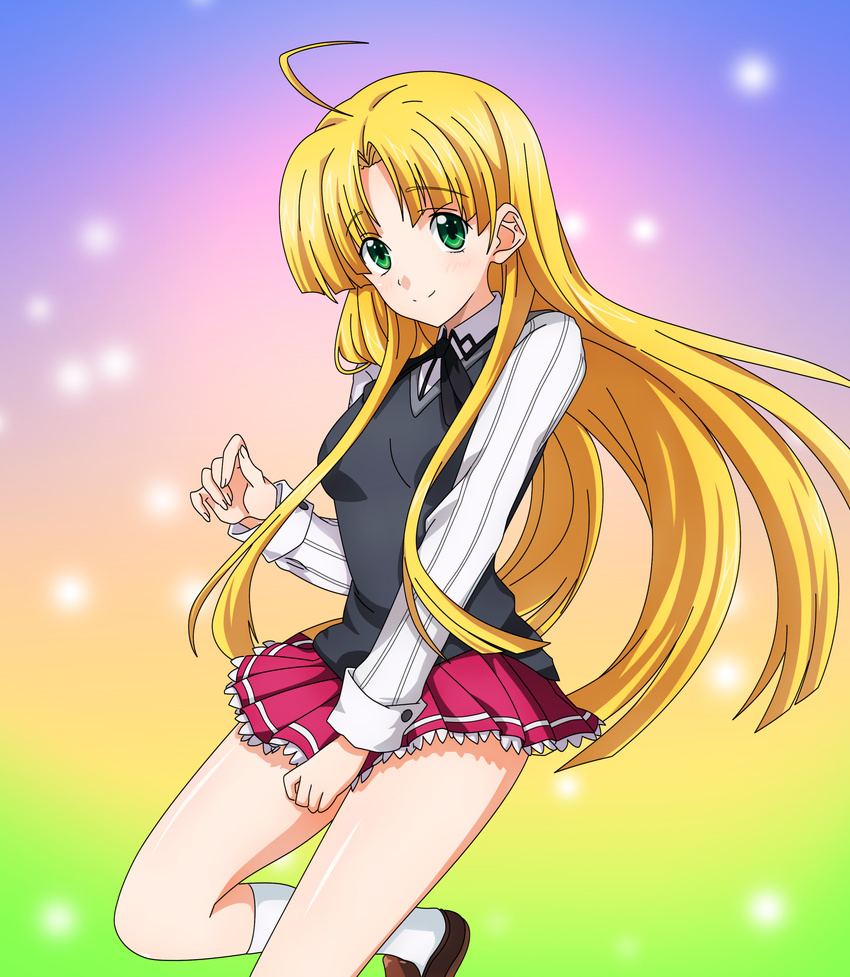 absurdres ahoge asia_argento blonde_hair green_eyes high_school_dxd highres long_hair maximilian-destroyer pleated_skirt red_skirt school_uniform skirt smile socks solo white_legwear