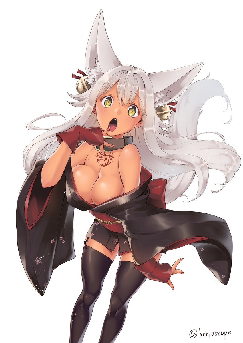 :o animal_ears areola_slip areolae arm_warmers artist_name bare_shoulders bell black_legwear blush breasts eyebrows eyebrows_visible_through_hair floral_print fox_ears fox_tail garter_straps head_tilt heriwo_(haraheridou) highres japanese_clothes jingle_bell kimono large_breasts leaning_forward long_hair long_sleeves looking_at_viewer off_shoulder open_clothes open_kimono open_mouth original simple_background solo standing tail tareme thighhighs very_long_hair white_background white_hair wide_sleeves yellow_eyes zettai_ryouiki