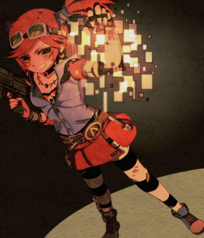 bandage bandage_on_face borderlands borderlands_2 breasts choker fingerless_gloves gaige gloves goggles goggles_on_head green_eyes gun hood hoodie jacket mechanical_arm prosthetic_arm red_hair shoes skirt sleeveless smile sneakers solo striped striped_legwear teeth torn_clothes twintails weapon