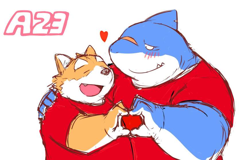 &lt;3 2016 anthro blue_fur canid canine canis clothing cute_fangs domestic_dog duo eyes_closed fish fur hug humanoid_hands male mammal marine overweight overweight_male scar sessa shark shirt simple_background white_background