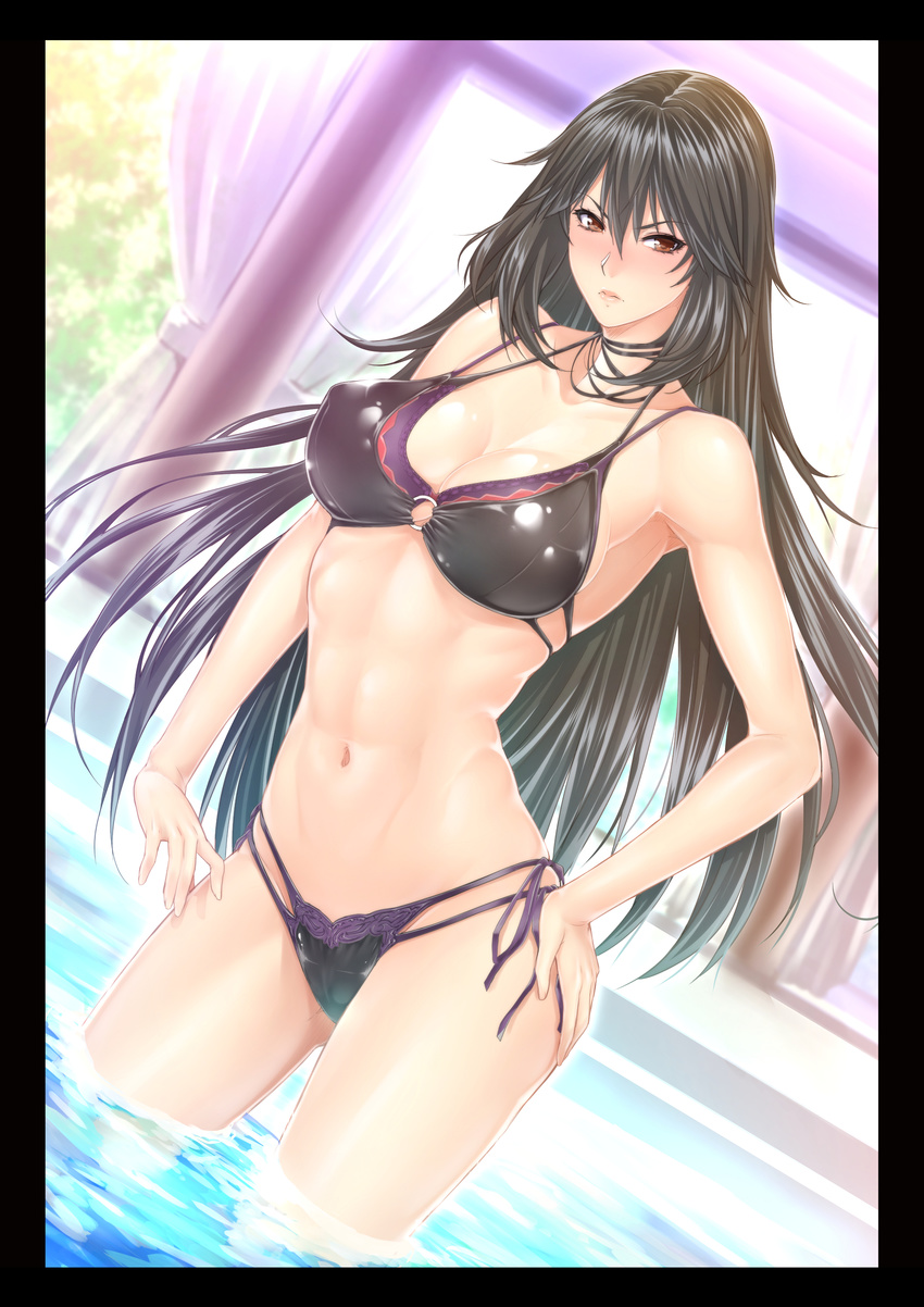 abs absurdres bad_id bad_pixiv_id bikini black_border black_hair blush border breasts brown_eyes cleavage dutch_angle frown hand_on_hip highres huge_breasts infinite_stratos layered_bikini long_hair looking_at_viewer midriff navel o-ring o-ring_top orimura_chifuyu shiny shiny_skin side-tie_bikini skindentation solo swimsuit toned wading water zucchini