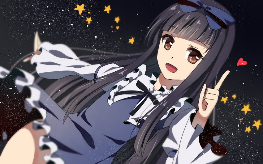 bangs black_bow black_hair black_neckwear blue_bow blunt_bangs bow bowtie brown_eyes collar dress fairy floating_heart frilled_dress frilled_shirt_collar frills hair_bow long_hair long_sleeves open_mouth re_moyo solo star star_sapphire touhou wallpaper