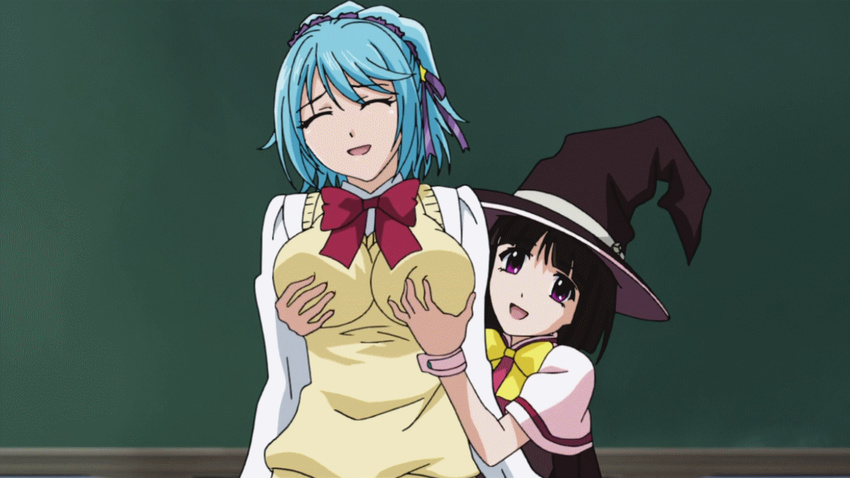 age_difference animated animated_gif black_hair blue_hair breast_grab breasts demon_girl eyes_closed grabbing groping hat kurono_kurumu large_breasts long_hair multiple_girls purple_eyes rosario+vampire sendou_yukari short_hair smile succubus talking witch yuri