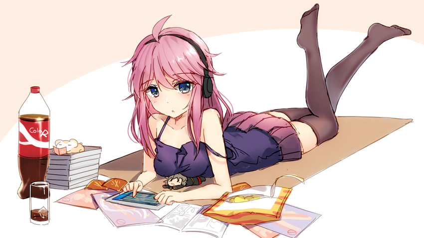 :3 ahoge bismarck_(zhan_jian_shao_nyu) bison_cangshu black_legwear blue_eyes blush blush_stickers book book_stack bottle brand_name_imitation breasts camisole character_doll chips food glass headphones highres ice ice_cube lying mat medium_breasts no_shoes on_stomach open_book outstretched_arms pink_hair pleated_skirt potato_chips purple_shirt shirt sketch skirt soft_drink solid_oval_eyes strap_slip tablet_pc thighhighs tirpitz_(zhan_jian_shao_nyu) zhan_jian_shao_nyu