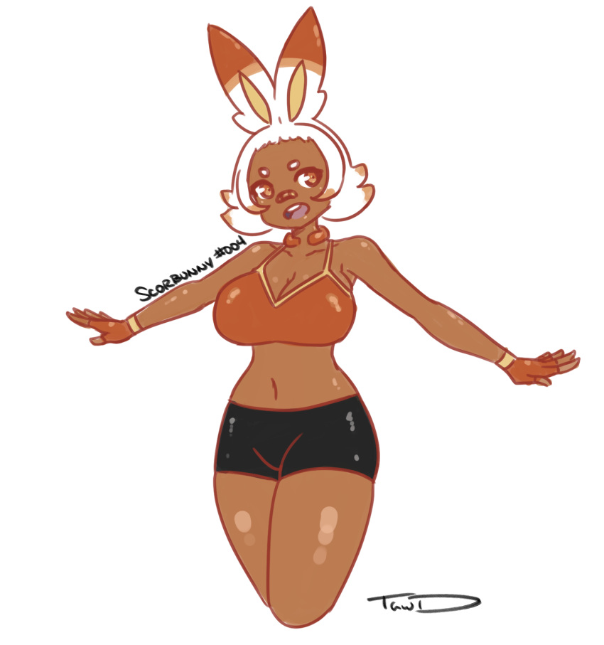 1girl animal_ears bandaid bandaid_on_face bike_shorts breasts bunny bunny_ears creatures_(company) dark_skin female fingerless_gloves game_freak gen_8_pokemon gijinka gloves happy highres nintendo orange_eyes outstretched_arms personification pokemon pokemon_swsh scorbunny short_hair shorts signature sketch skindentation spandex sports_bra standing teeth that-girl-whodraws thick_thighs thighs white_hair