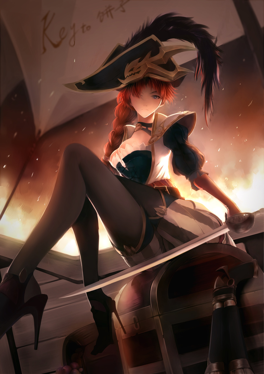 absurdres blue_eyes braid breasts corset fakerx feathers flame gun hat high_heels league_of_legends long_hair miss_fortune pantyhose pirate pirate_costume pirate_hat red_hair ship sitting solo stiletto_heels sword treasure_chest weapon