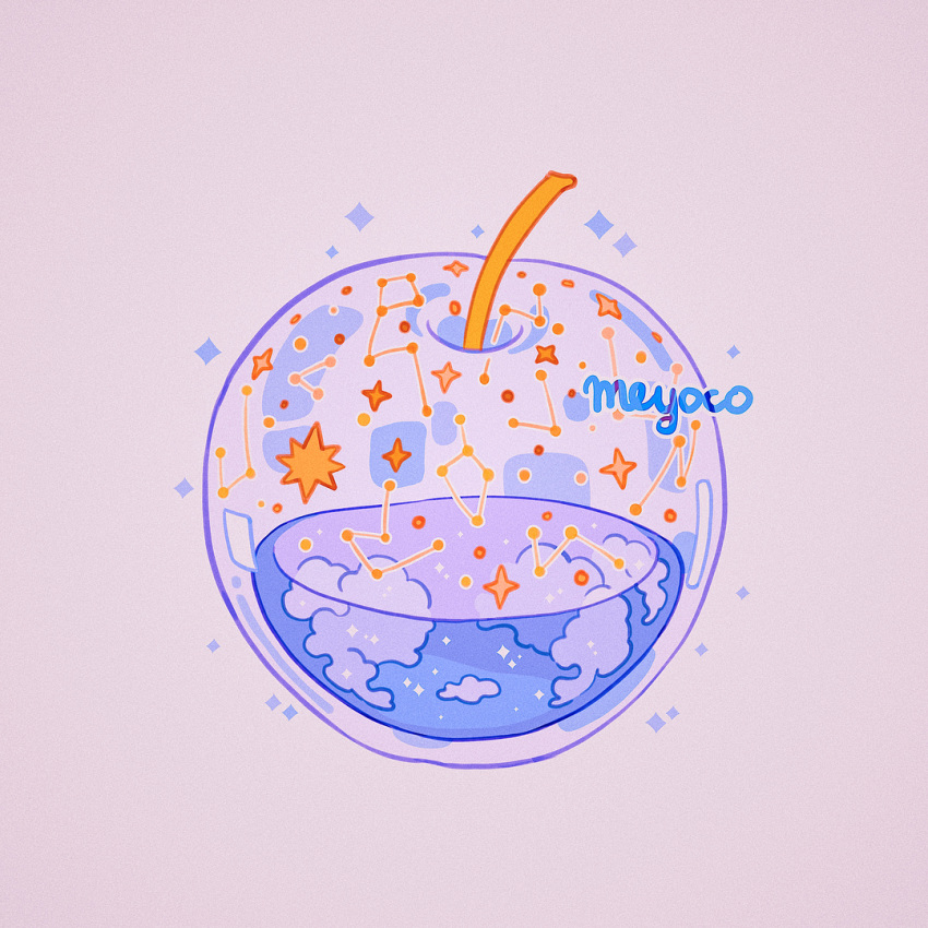 apple artist_name cloud constellation food fruit lavender_background liquid meyoco no_humans original simple_background sparkle sun transparent