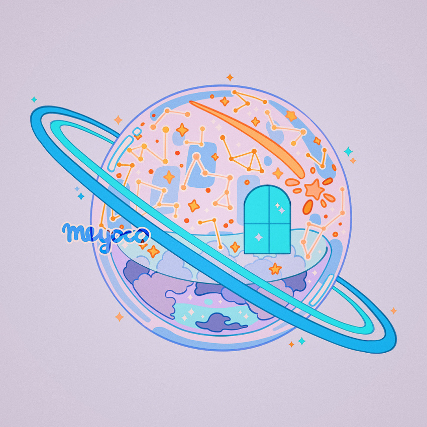 artist_name cloud constellation lavender_background liquid meyoco no_humans original saturn shooting_star simple_background sparkle star star_(sky) transparent window