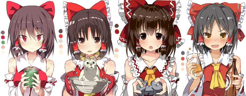 :d :o alcohol animal ascot beer beer_bottle benikurage benjamin_button_suukina_jinsei black_hair blush bottle bow brown_eyes brown_hair cable cat chestnut_mouth closed_mouth collar collarbone color_guide controller cookie_(touhou) cup detached_sleeves drink drunk eyebrows eyebrows_visible_through_hair frilled_shirt_collar frills game_controller gamecube_controller gloves hair_bow hair_tubes hakurei_reimu highres holding holding_bottle holding_cup kanna_(cookie) liquid long_sleeves looking_at_viewer miura_cat multiple_girls multiple_persona open_mouth paws pointy_ears red_bow red_eyes red_gloves red_ribbon red_vest reu ribbon ribbon-trimmed_sleeves ribbon_trim sananana short_hair sidelocks simple_background smile steam sweat tareme touhou tsurime upper_body v-shaped_eyebrows vest whiskers white_background white_fur yellow_eyes