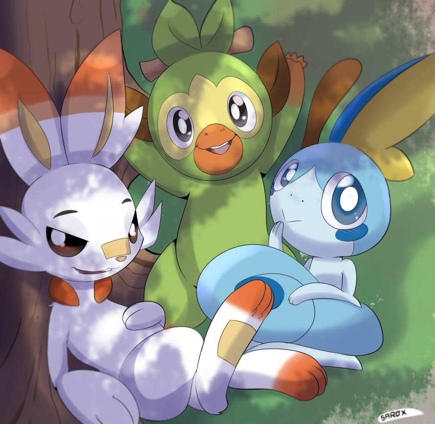 2019 alesarox ambiguous_gender anthro biped fur grookey group lagomorph mammal nintendo open_mouth paws pok&eacute;mon pok&eacute;mon_(species) primate reptile scalie scorbunny smile sobble starter_trio video_games