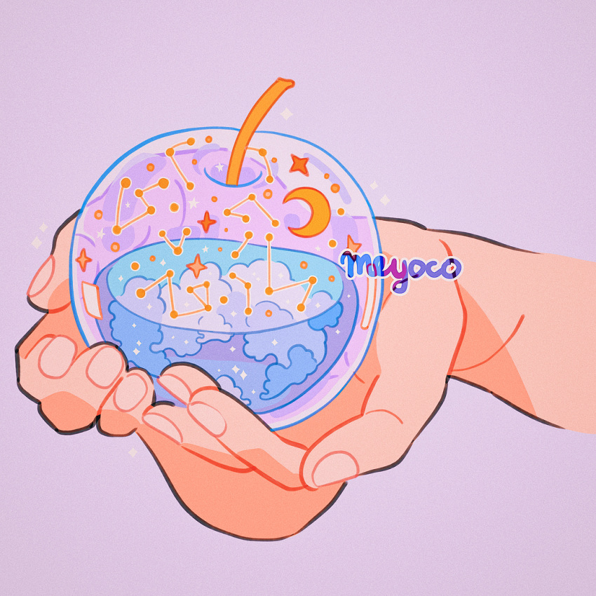 apple artist_name cloud constellation food fruit hands holding holding_food holding_fruit lavender_background liquid meyoco original simple_background sparkle sun transparent