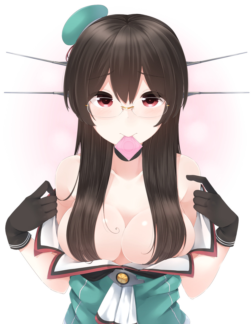 bare_shoulders beret black_gloves blush breast_squeeze breasts brown_hair choukai_(kantai_collection) condom condom_in_mouth condom_wrapper convenient_censoring eyebrows eyebrows_visible_through_hair glasses gloves green_hat green_vest hair_censor hat heart heart-shaped_pupils highres kantai_collection large_breasts long_hair looking_at_viewer mini_hat mouth_hold neckerchief no_bra red_eyes rimless_eyewear sleeveless smile solo symbol-shaped_pupils tareme undressing upper_body vest yukichi_(sukiyaki39)