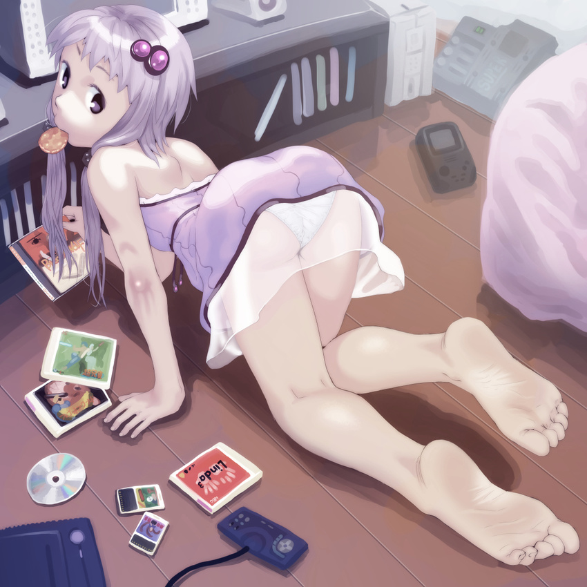 all_fours ass back bare_shoulders barefoot cd cd_case dress feet game_boy hair_ornament handheld_game_console highres legs long_hair looking_back mouth_hold panties pantyshot pc_engine purple_eyes purple_hair see-through short_dress short_hair_with_long_locks sidelocks soles solo soon toes underwear vocaloid voiceroid white_panties yuzuki_yukari