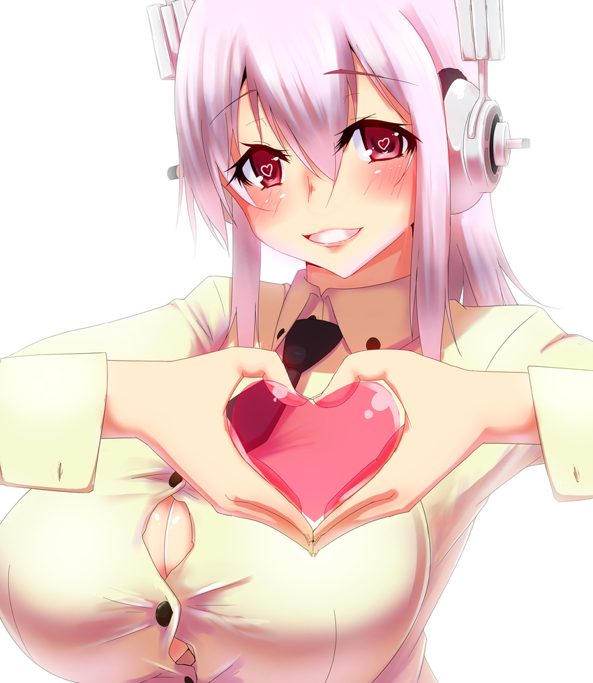 blush breasts cleavage commentary_request headphones heart heart-shaped_pupils heart_hands highres large_breasts long_hair looking_at_viewer nitroplus pink_eyes pink_hair smile solo super_sonico symbol-shaped_pupils yamaneko_ken