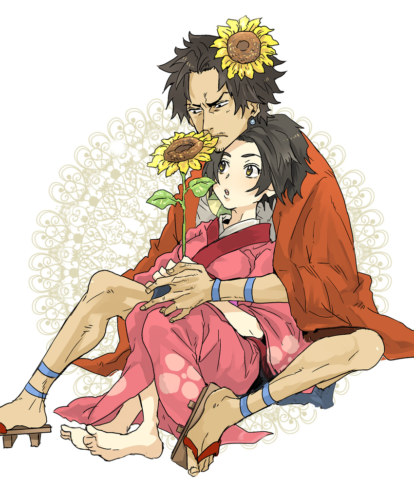 1boy 1girl barefoot brown_eyes brown_hair earring feet flower fuu geta japanese_clothes kimono mugen open_mouth samurai_champloo short_hair soles sunflower tattoo