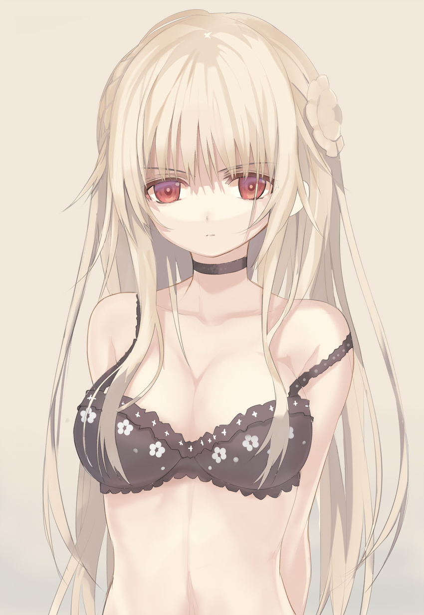 arms_behind_back beige_background black_bra blonde_hair bra breasts choker cleavage collarbone flower_bra highres lace lace-trimmed_bra long_hair looking_at_viewer medium_breasts original print_bra red_eyes serious shino_(eefy) solo strap_slip underwear