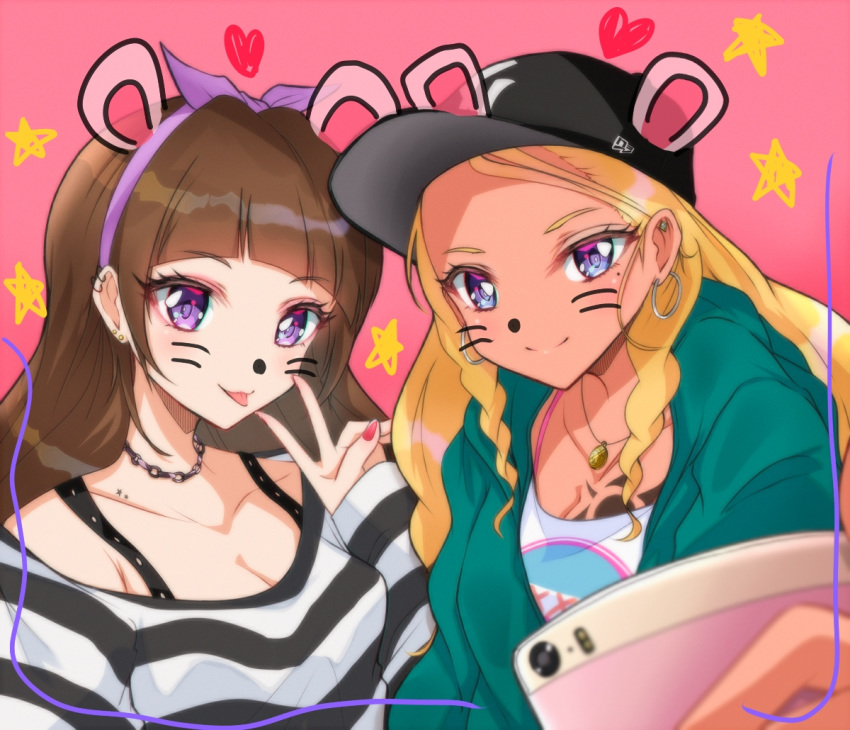 2girls :p amamiya_erena amanogawa_kirara animal_ears bangs baseball_cap black_hat black_shirt blonde_hair blurry blurry_foreground breasts brown_hair cellphone chest_tattoo cleavage closed_mouth collarbone commentary_request dark_skin depth_of_field ear_piercing earrings eyebrows_visible_through_hair fake_animal_ears go!_princess_precure green_hoodie hairband hand_up hat heart holding holding_phone hood hoodie hoop_earrings jewelry long_hair long_sleeves looking_at_viewer medium_breasts mole mole_under_eye multiple_girls nail_polish necklace open_clothes open_hoodie phone piercing pink_background precure purple_eyes purple_hairband red_nails rudo_(rudorudo0917) self_shot shiny shiny_hair shirt sidelocks sleeves_past_wrists smartphone smile star star_twinkle_precure striped striped_shirt tattoo tongue tongue_out upper_body v whisker_markings white_shirt