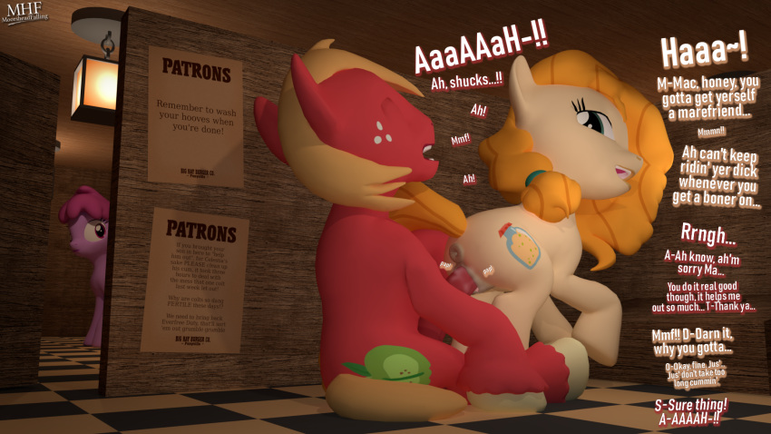 3d_(artwork) berry_punch_(mlp) big_macintosh_(mlp) big_penis dialogue digital_media_(artwork) duo_focus equine female feral friendship_is_magic group horse incest male male/female mammal moorsheadfalling mother mother_and_son my_little_pony parent pear_butter_(mlp) penis pony pussy pussy_juice sex son text