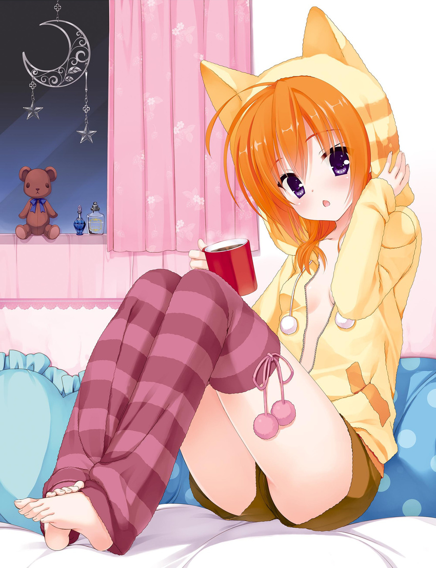 absurdres animal_hood bangs barefoot bed_sheet bedroom bottle bow breasts brown_shorts cat_hood chestnut_mouth coffee coffee_mug crescent cup curtains feet frilled_pillow frills full_body hand_up head_tilt hidan_no_aria hidan_no_aria_aa highres holding holding_cup hood hoodie indoors knees_up kobuichi leg_warmers legs_together looking_at_viewer mamiya_akari mug no_bra open_clothes open_hoodie open_mouth orange_hair perfume_bottle pillow pink_bow pink_legwear polka_dot_pillow pom_pom_(clothes) purple_eyes shorts sitting small_breasts solo star striped striped_legwear stuffed_animal stuffed_toy teddy_bear unzipped window zipper