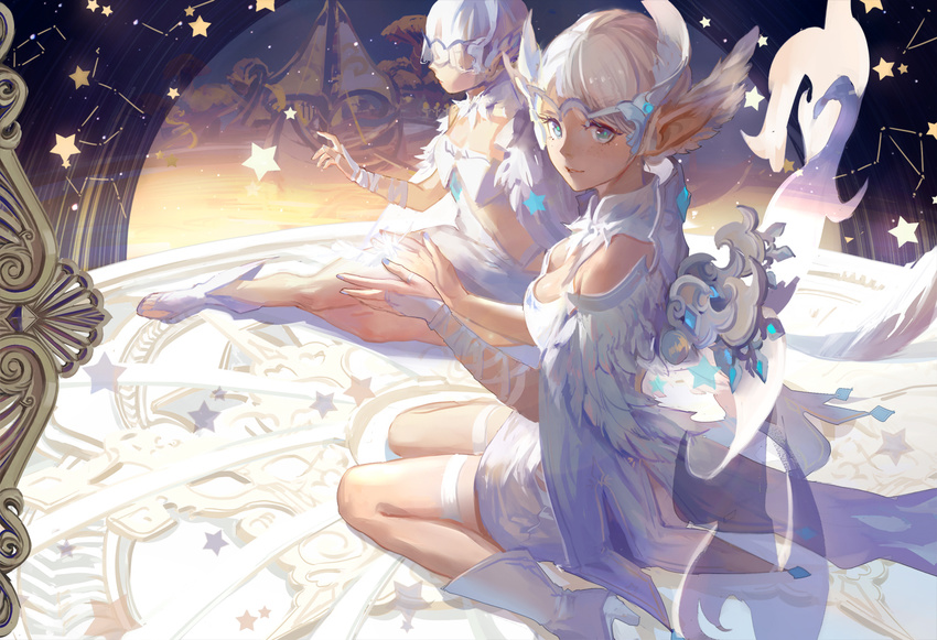 2girls blue_eyes boots dragon_nest feathers garter kirayoci mask pointed_ears short_hair white_hair wings