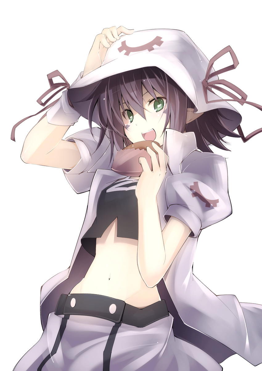 :d arm_up doughnut facial_mark food green_eyes hair_between_eyes hand_on_headwear hat hat_ribbon highres jijii48 looking_at_viewer merry_nightmare midriff navel open_mouth pointy_ears puffy_short_sleeves puffy_sleeves purple_hair ribbon short_hair short_sleeves skirt smile solo symbol-shaped_pupils wristband yumekui_merry