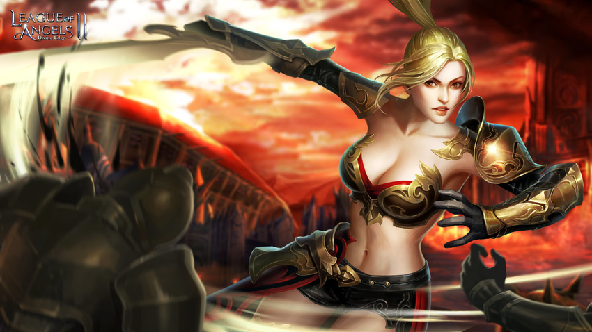 armor artist_request bikini_armor blonde_hair breasts brown_eyes cleavage large_breasts league_of_angels league_of_angels_ii long_hair navel parted_lips ponytail realistic solo_focus sword weapon