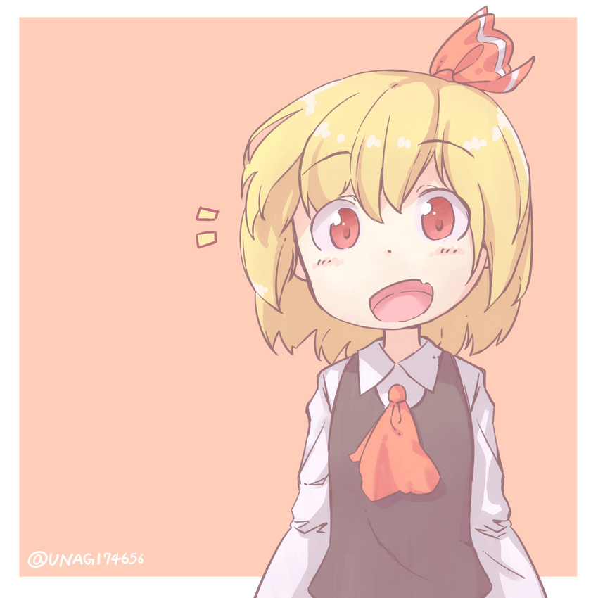 absurdres ascot blonde_hair bow fang hair_bow highres looking_at_viewer open_mouth red_bow red_eyes ribbon rumia shirt short_hair simple_background solo suama_unagi touhou vest white_shirt